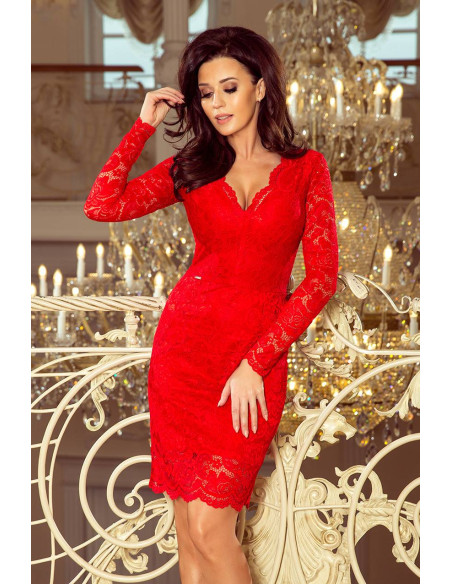 Evening Lace Dress Numoco with neckline Red