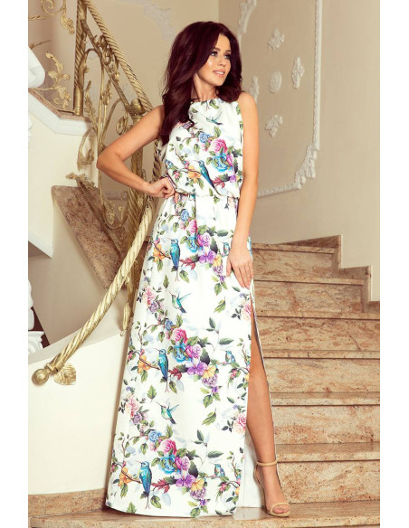 Women's Long Dress Numoco tied at the neck colorful roses and