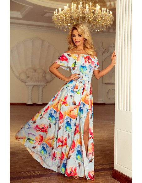 Women's Long Dress Numoco with frill colorful painted flowers