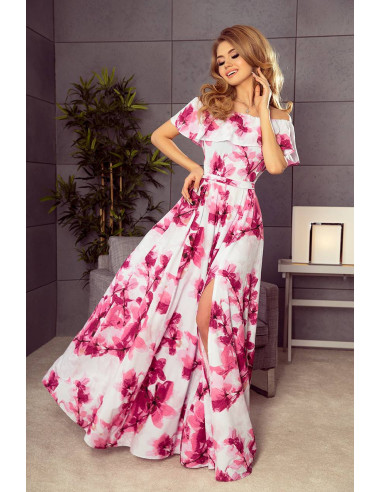 Women's Long Dress Numoco with frill big Pink flowers