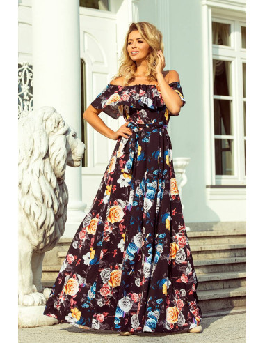 Women's Long Dress Numoco with frill Black&colorful flowers