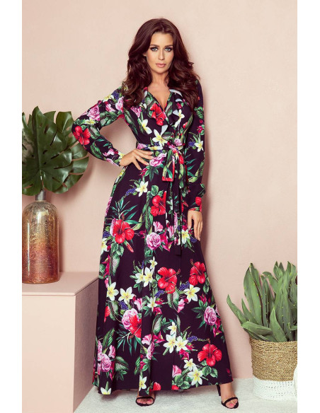 Women's Long Dress Numoco with frill and cleavage red flowers