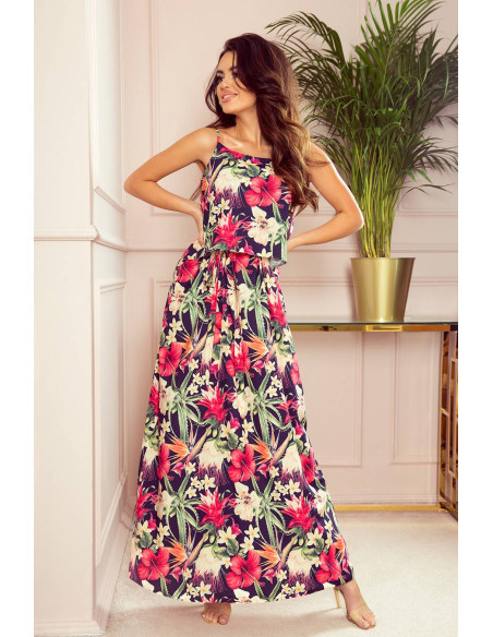 Women's long summer dress with straps red flowers