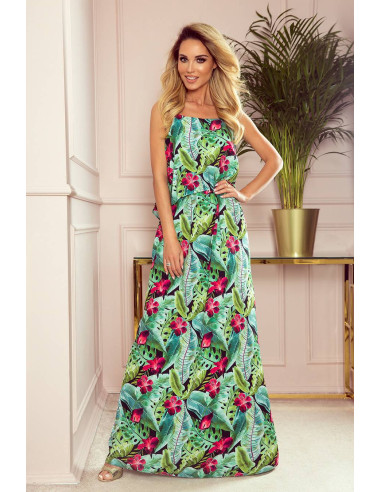 Wonen's long summer dress with straps green leaves and pink