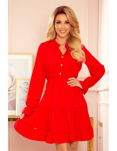 Women's Dress with frills and golden buttons Red