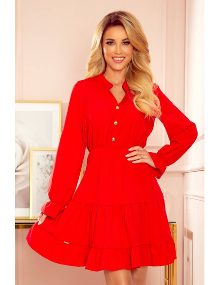 Women's Dress with frills and golden buttons Red