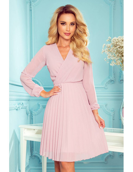 Woman's Pleated Dress with neckline and long sleeve Pink