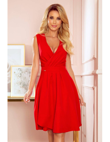 Woman's Elegant Dress with a neckline and pleats Red