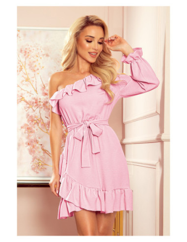 Woman's One Soulder Dress with frills and binding Dirty Pink 