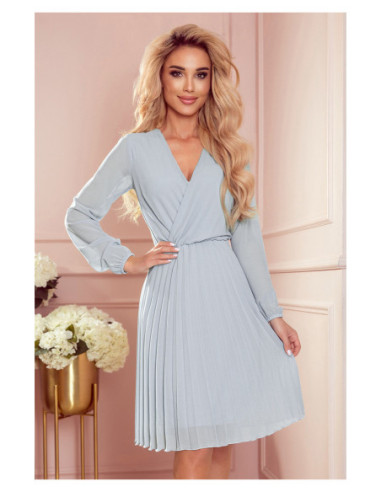 Woman's Pleated Dress with neckline and long sleeve Grey 