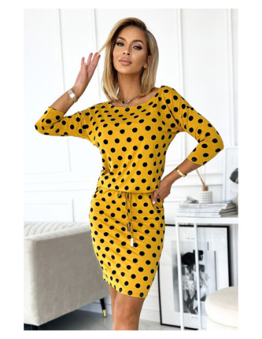 Woman's Sports Dress with binding and pockets Mustard with black polka dots 