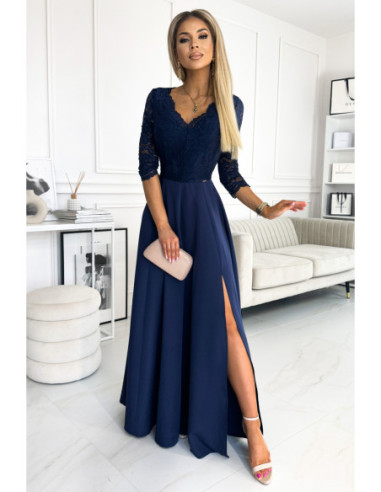 Woman's elegant lace long dress with a neckline Navy Blue 