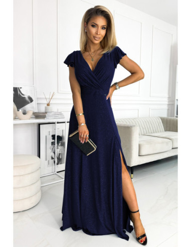 Γυναικείο Μακρύ αστραφτερό Φόρεμα με λαιμόκοψη Navy Blue