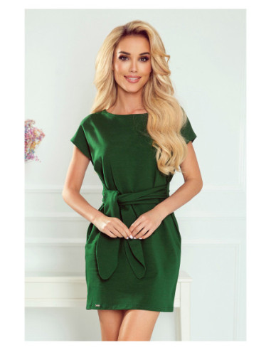 Woman's Dress with short sleeves and a wide tied belt Green