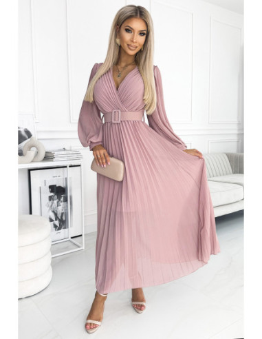 Woman's Pleated dress with a belt and a neckline Pink 